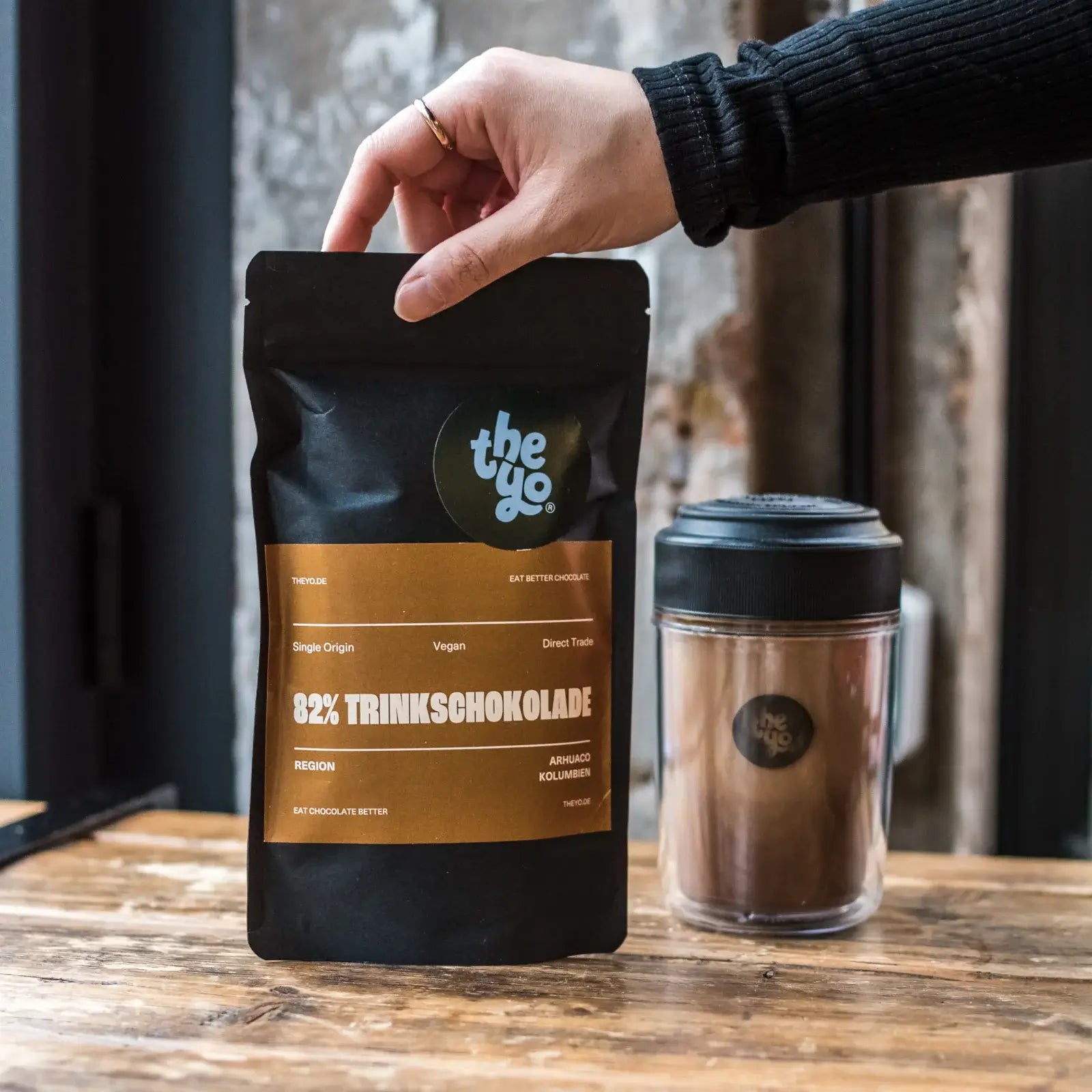 theyo vegane trinkschokolade 82 prozent kolumbien arhuaco chocolate shaker